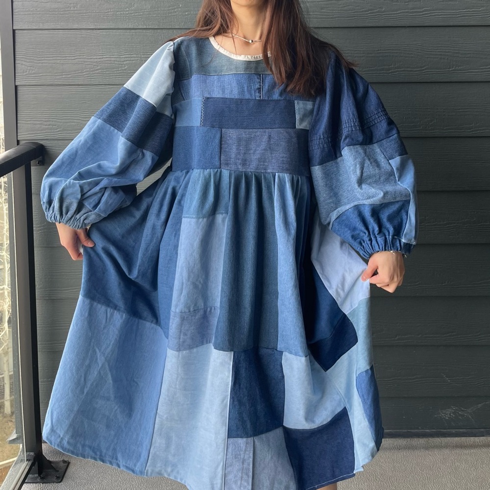 Handmade Denim Patchwork Quilted Puff Sleeves Cottage Dress SKU 04117 - Picture 5 of 16